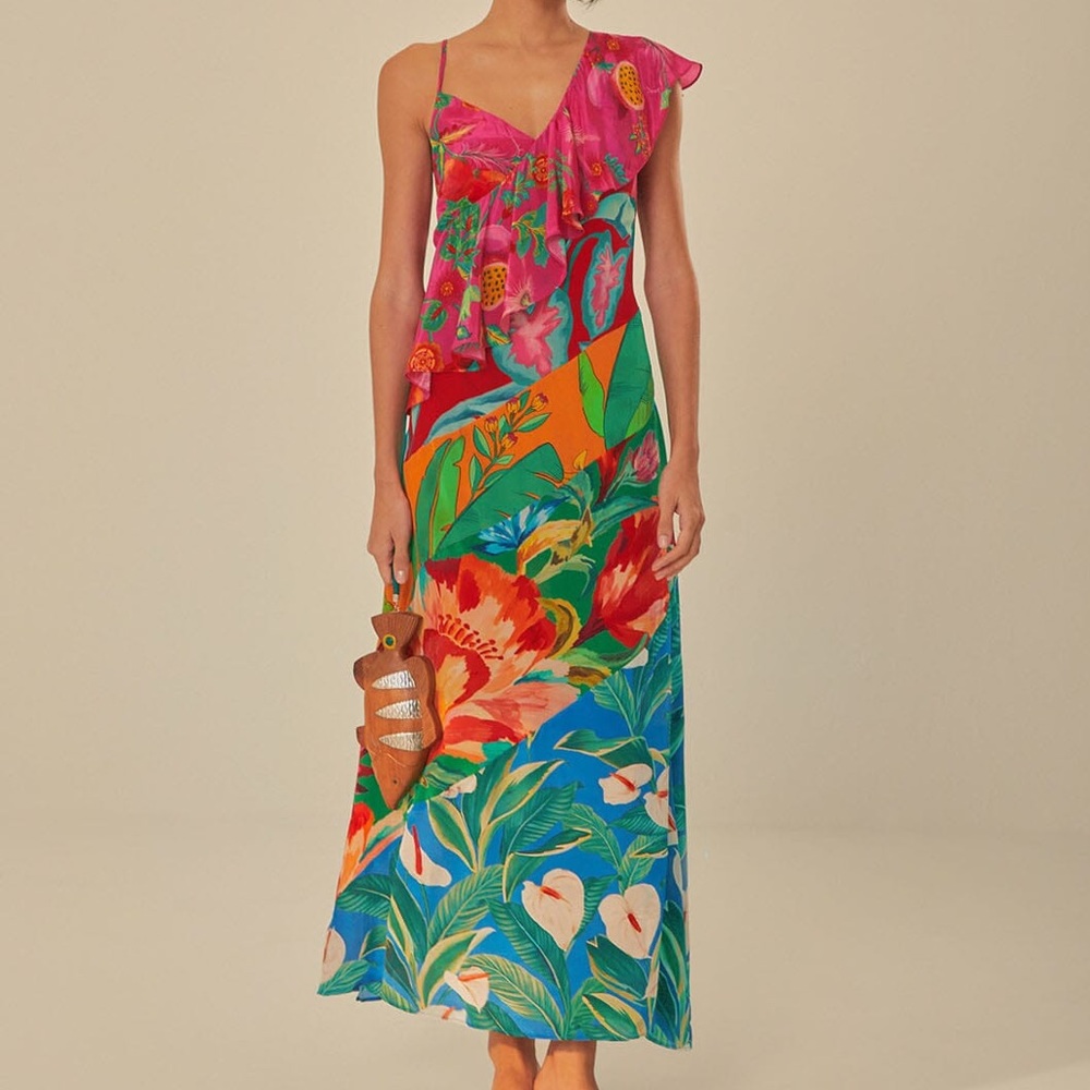Farm rio Mixed Flowery Rufle One Strap Midi Dress sz XXS new w tags